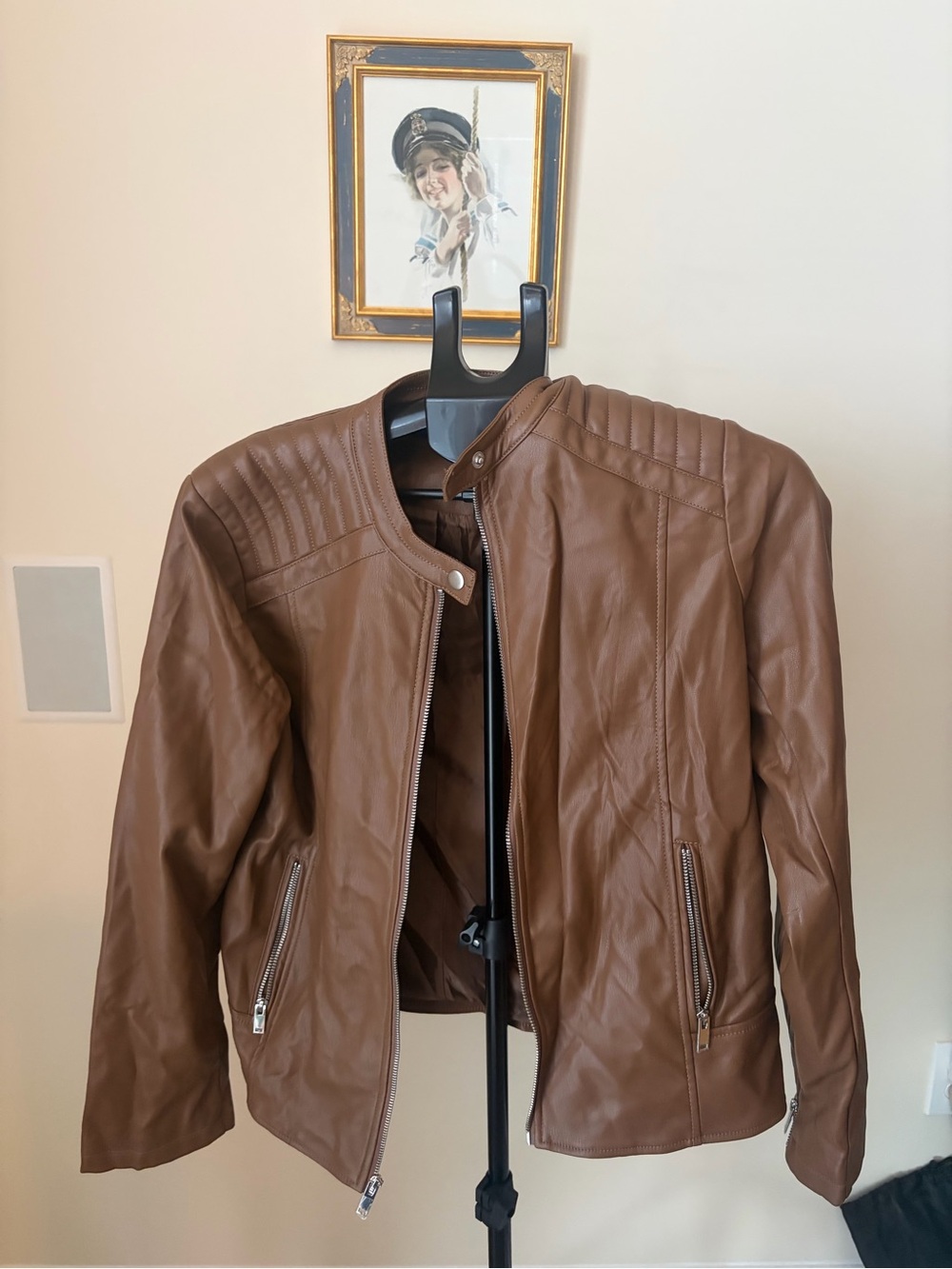 Apt. 9 Cognac Brown Faux Leather Moto Jacket Quilted Shoulders Womens M